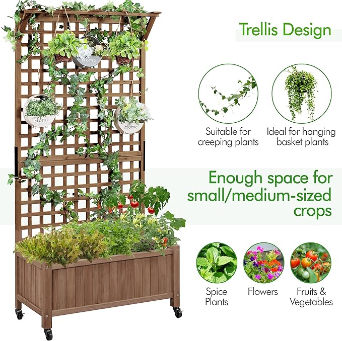 Yaheetech 72" H Horticulture Garden Planter with Trellis for Vine Climbing Plants, Raised Box Outdoor w/Drainage Holes Raised Garden Bed Planter Box for Flowers, Dark Brown
