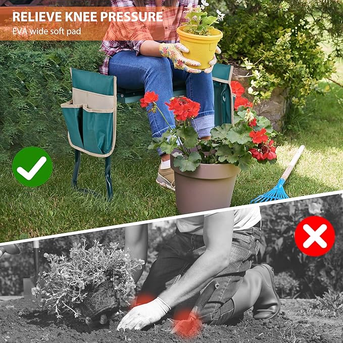 LEMY 2 in 1 Garden Kneeler and Seat - Wide 25 in Portable Heavy Duty Folding Garden Stool for Women Men Seniors, w/EVA Foam Kneeling Pad, 2 Removable Tools Pouches, Steel Frame,No Assembly