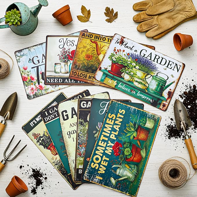 10 Pcs Vintage Funny Garden Metal Sign 12 x 8 Inch Rustic Garden Sign Retro Flowers Plant Greenhouse Wall Decor for Women Outdoor Indoor Home Patio Country Plant Lovers