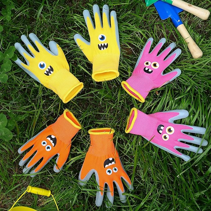3 Pairs Kids Gardening Gloves Children Yard Work Gloves Soft Rubber Coated Garden Gloves for Toddlers Girls Boys