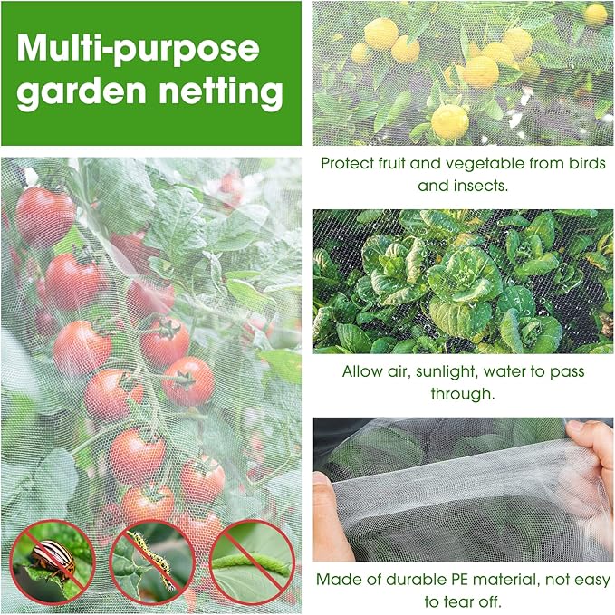 Unves 8x10ft Garden Netting, White Mosquito Net Insect Mesh Bird Netting Barrier Screen, Plant Net Row Cover for Vegetables, Garden Bed Cover Protect Fruit Tree Flowers Crops Grow