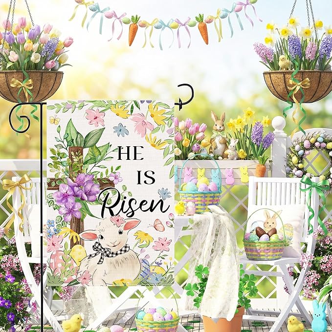 Easter Garden Flag 12x18 Inch Double Sided Outside, He Is Risen Easter Flag Burlap Lamb Flowers Cross Decorations Outdoor Yard