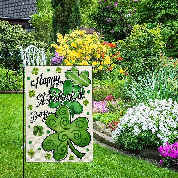 Happy St Patricks Day Garden Flag 12×18 Inch Double Sided St Patrick's Day Yard Sign Garden Flags for Outside Shamrock Lucky Irish Blessing Garden Flag Outdoor Banner Holiday Decor