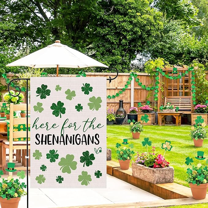 St Patricks Day Garden Flag 12x18 Inch Double Sided Outside, Here For The Shenanigans Shamrocks Clovers Burlap Flag Decorations Outdoor Yard Decor