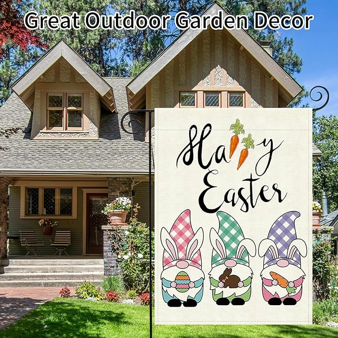 Easter Garden Flag 12x18 Inch - Cute Bunny Ear Gnome Trio with Egg & Carrot, Double-Sided "Happy Easter" Outdoor Decor for Patio Yard Easter Decorations
