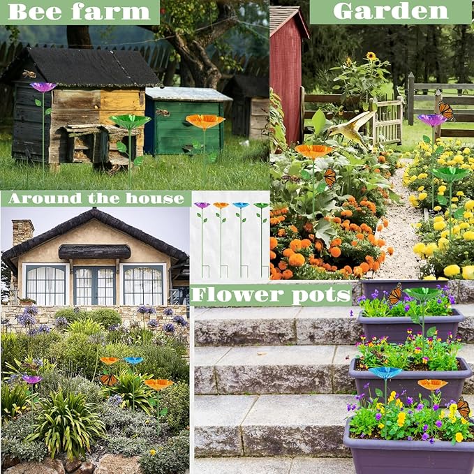 4 Pack Bee Watering Station Outdoor, Metal Flower Stake Feeder for Bees, Butterflies and Hummingbirds, Colorful Garden Yard Decor for Pollinators