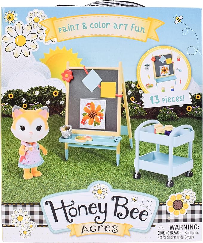 Sunny Days Entertainment Honey Bee Acres Paint & Color Art Fun – 13 Piece Dollhouse Playset with Exclusive Fox Figure | Pretend Play Toys for Kids