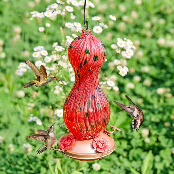 Hummingbird Feeder for Outdoors Hanging, Hand Blown Glass 24 OZ Capacity Hummingbird Bird Nectar Feeders with 4 Feeding Ports, Gifts for Women Mom Outside Garden Backyard Decor (Red-Green)
