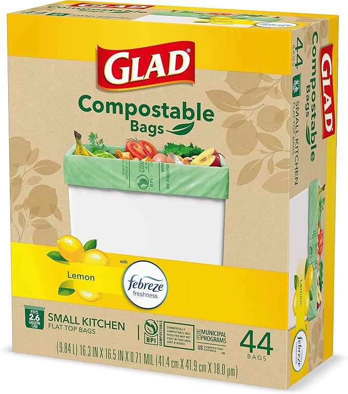 Glad Trash Bags, Kitchen Compost Bags 2.6 Gallon Garbage Bags, 100% Compostable Bag, Febreze Lemon, 44 Count (Package May Vary), Light Yellow