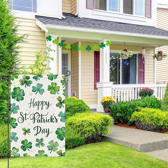Louise Maelys Happy St Patrick's Day Garden Flag Shamrock Clover 12x18 Inch Double Sided Watercolor Small Burlap Welcome Saint Patricks Spring Holiday Yard Outdoor Sign Outside House Decor
