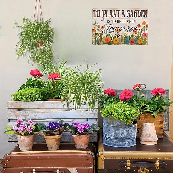 Bestylez Gardening Gifts Vintage Gardening Sign To Plant A Garden is To Believe Tomorrow Tin Sign for Home Garden Greenhouse Living Room Bedroom Outdoor Yard Backyard Decor 8X12 Inch (3366)