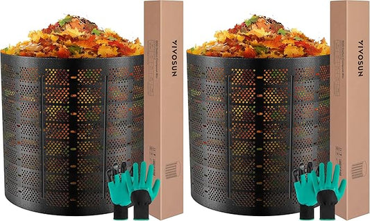 VIVOSUN 500 Gallon Outdoor Compost Bin, Expandable Composter, Easy to Setup & Large Capacity for Backyard, Lawn (Black with Gloves) (Pack of 2)