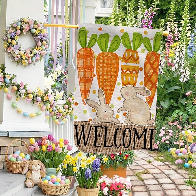 Easter Flag 28x40 Inch Double Sided Outside, Carrots Bunny Easter Flag Burlap Decorations Outdoor Yard