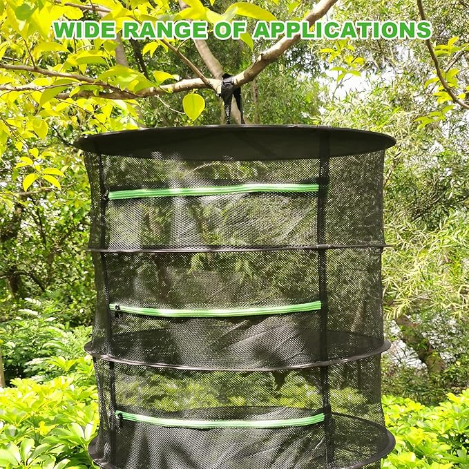 Herb Drying Rack Net Mesh with Black Zippers Hydroponics, Bonus Hook Scissor Drying Rack 2ft for Plant Bud Seed, Mesh Hanging Plant Dry, Herb Dry Net for Garden (4 L, Black Zipper)