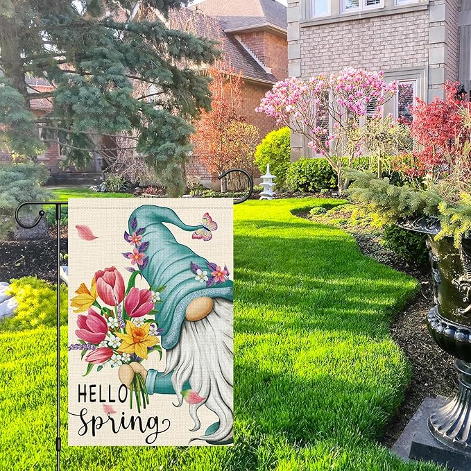 Hello Spring Gnome Garden Flag 12x18 Double Sided Burlap Butterfly Floral Garden Yard Banner for Summer Rustic Seasonal Outside Outdoor House Decoration (ONLY FLAG)