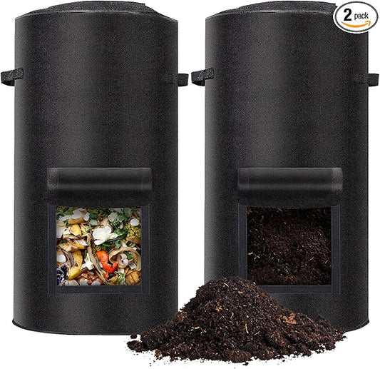 2 Pack Compost Bins Outdoor, 34 Gallon Reusable Home Compost Bucket with Observation Windows for Outside Garden, Backyard, Heavy Duty Nonwoven Fabric Yard Waste Bag