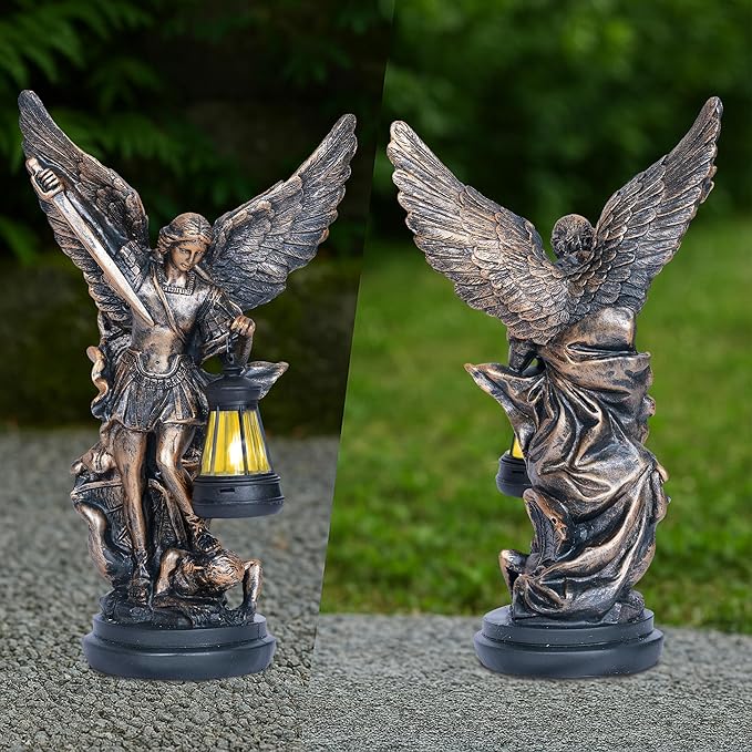 St Michael The Archangel Solar Outdoor Garden Decor Statues–12 in Miguel Arcangel Statue Solar Outdoor Sculptures for Outside Yard Patio Balcony Front Lawn Decor
