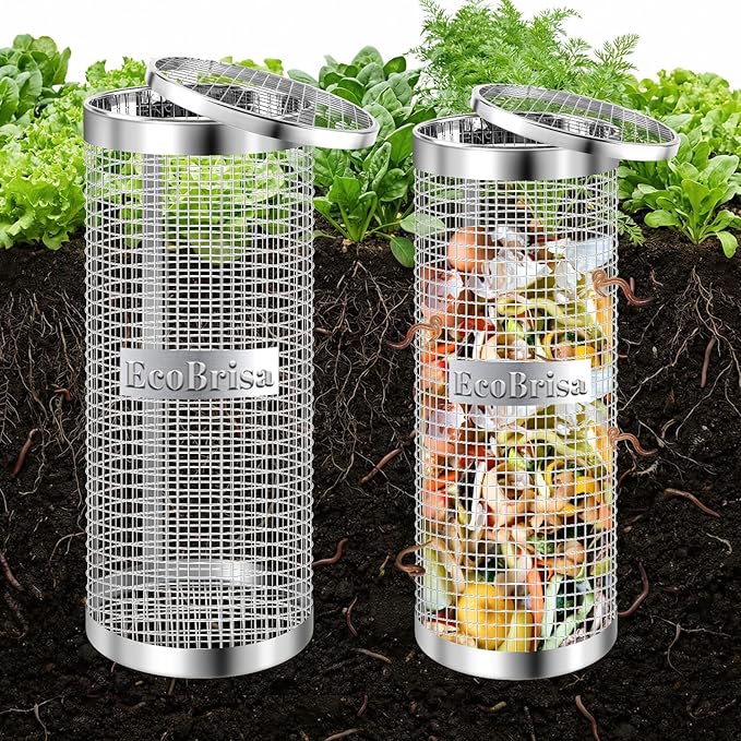 2 Pack Inground Worm Composting Bin, Metal Compost Bin for Recycling Kitchen Food Waste, Outdoor Worm Compost Bin with Holes and Lid Use in Outdoor Garden Vegetable Patch Backyard