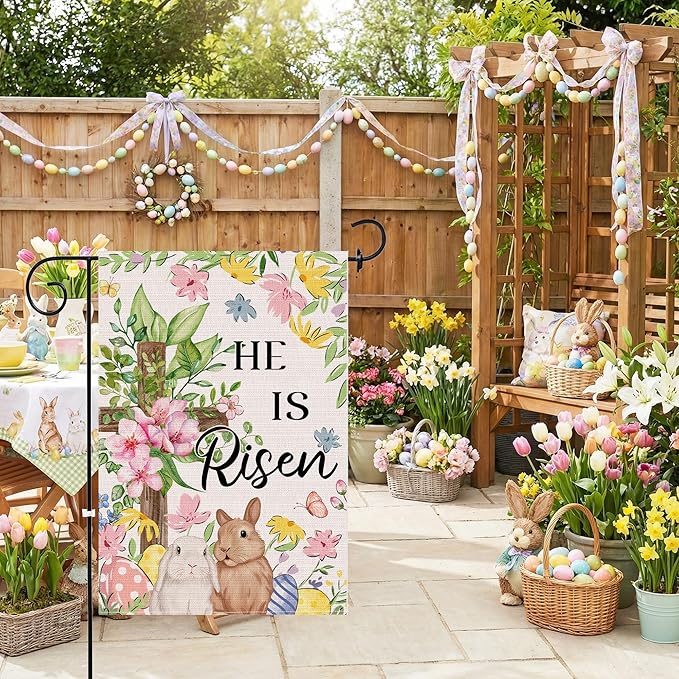 Easter Bunny Flag 12x18 Inch Double Sided Outside, He Is Risen Easter Flag Lamb Flowers Cross Decorations Outdoor Yard Burlap