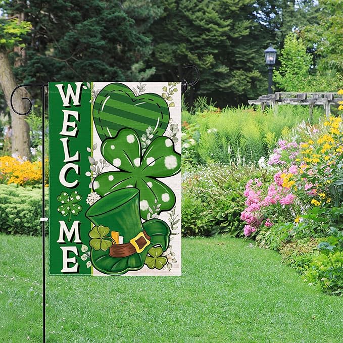 St Patricks Day Garden Flag, St Patricks Day Outdoor Decor Shamrock Clovers Yard Flag 12x18 Double Sided Green, St Patricks Day Decorations Burlap Garden Flags Rustic Welcome Outdoor Farmhouse