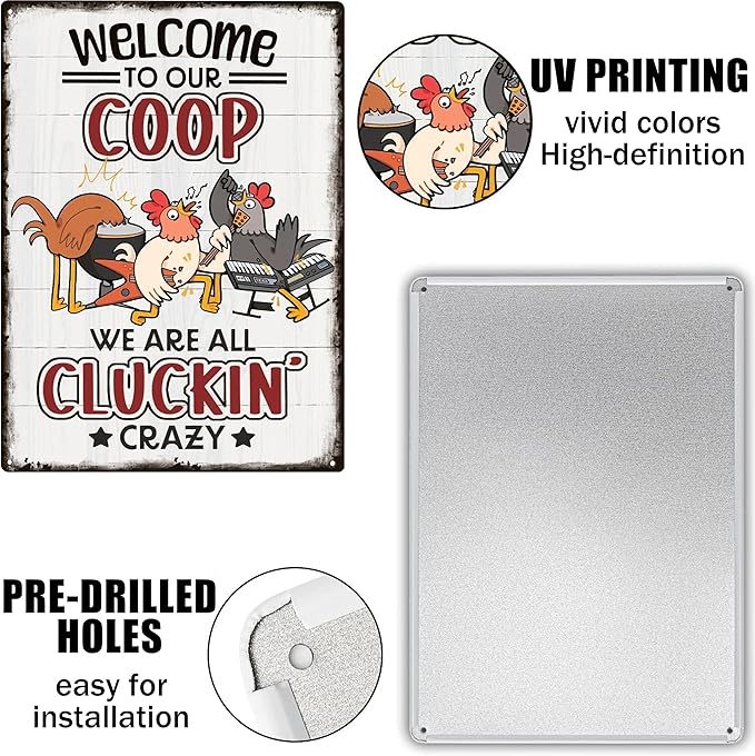 Welcome To Our Coop Funny Chicken Sign-Funny Metal Chicken Tin Sign for Home Farm Chicken Coop Farmhouse Kicthen Garden Decor 8 X 12 Inch