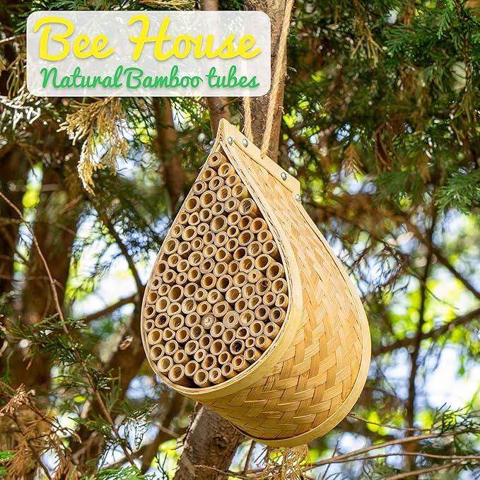 Made Easy Kit Bee House – Attracts Mason & Leafcutter Bees – Natural Bamboo Pollinator Habitat with Jute Rope – Hotel for Garden & Backyard – Eco-Friendly Insect Shelter (Honey Droplet, Large)
