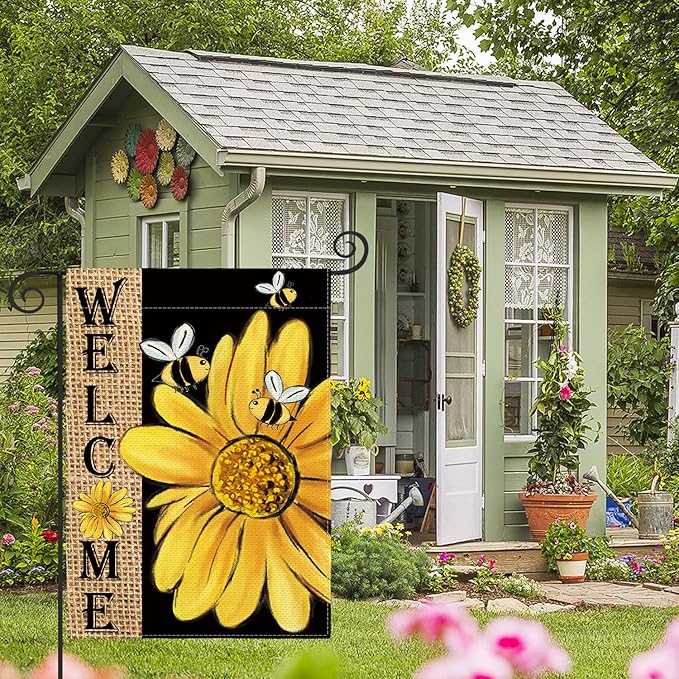 AVOIN colorlife Spring Summer Bee Sunflower Garden Flag 12x18 Inch Double Sided, Welcome Holiday Burlap Yard Outdoor Decoration