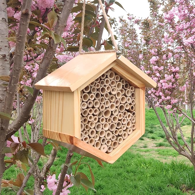 Mason Bee House Native Bee Hive Hexagon Bee House Handmade Wooden Mason Bee Box Habitat Home Hotel with Tubes -Attracts Peaceful Bee Pollinators to Enhance Your Garden's Productivity