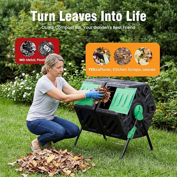 NEWBULIG Compost Bin Outdoor 37 Gallon, Separated Dual Chamber Composter Tumbler Outdoor with Gloves, Efficient 360°Rotating Composting Bin for Patio, Lawn, Home Gardening and Landscape, Black