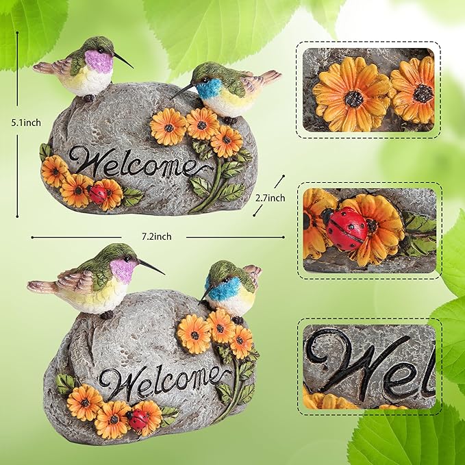 Garden Decor for Hummingbird Statue,Bird Figurines Welcome Sign for Outdoor Decorations,Bird Outdoor Statues Gifts for Lovers Women,Hummingbird Garden Art for Patio Yard Lawn Home Shelf Decor Accent