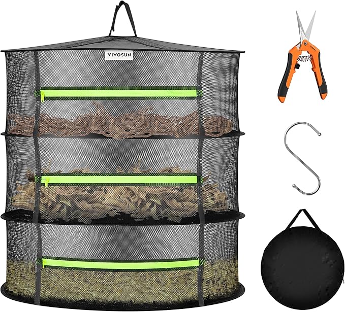 VIVOSUN 3-Layer Mesh Drying Rack Hanging Design with Green Zippers for Dehydrating, Indoor and Outdoor Pruning Shears Included