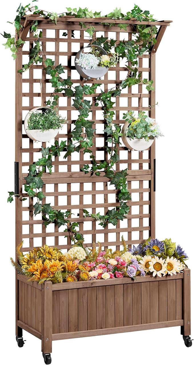 Yaheetech 72" H Horticulture Garden Planter with Trellis for Vine Climbing Plants, Raised Box Outdoor w/Drainage Holes Raised Garden Bed Planter Box for Flowers, Dark Brown