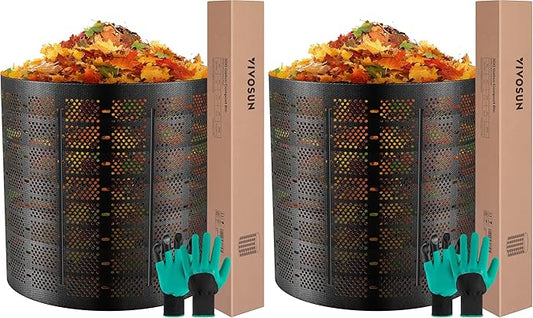 VIVOSUN 300 Gallon Outdoor Compost Bin, Expandable Composter, Easy to Setup & Large Capacity for Backyard, Lawn (Black with Gloves) (Pack of 2)