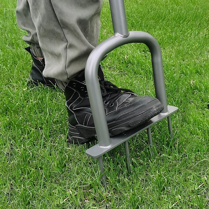 Manual Lawn Aerator for Compacted Soil Aerating - Height Adjustable Handheld Spike Aerator with 4 Steel Tines