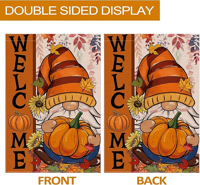 Fall Gnome Garden Flag, Fall Decor Gnomes Yard Flag 12x18 Double Sided Autumn, Autumn Garden Flags Pumpkin Leaves Signs Home Decorations Rustic Welcome Outdoor Farmhouse Thanksgiving