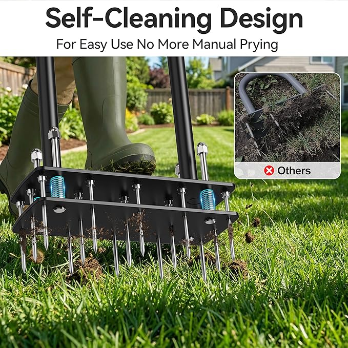 Manual Lawn Aerator Tool - 15 Heavy-Duty Steel Spikes, Ergonomic Padded Handle, Spring-Loaded Auto-Clean Design, Pre-Assembled for Soil Loosening & Lawn Health, Garden/Yard Aeration Tool