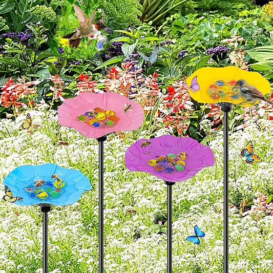 4 Pack Bee Watering Station for Garden, Metal Bee Butterfly Feeder with 40Pcs Glass Marbles, Colorful Butterfly Bee Bath Water Bowl with Flower Design for Outdoor Yard Patio Decor