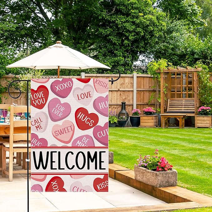 Valentines Day Garden Flag 12x18 Inch Double Sided, Love Hearts Welcome Valentine Decorations Burlap Garden Flags Rustic Anniversary Yard Outdoor Farmhouse Outside