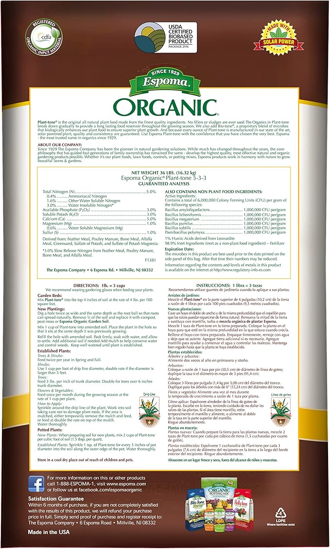 Espoma Organic Plant-Tone 5-3-3 Natural & Organic All Purpose Plant Food; 36 lb. Bag; The Original Organic Fertilizer for All Flowers, Vegetables, Trees, and Shrubs