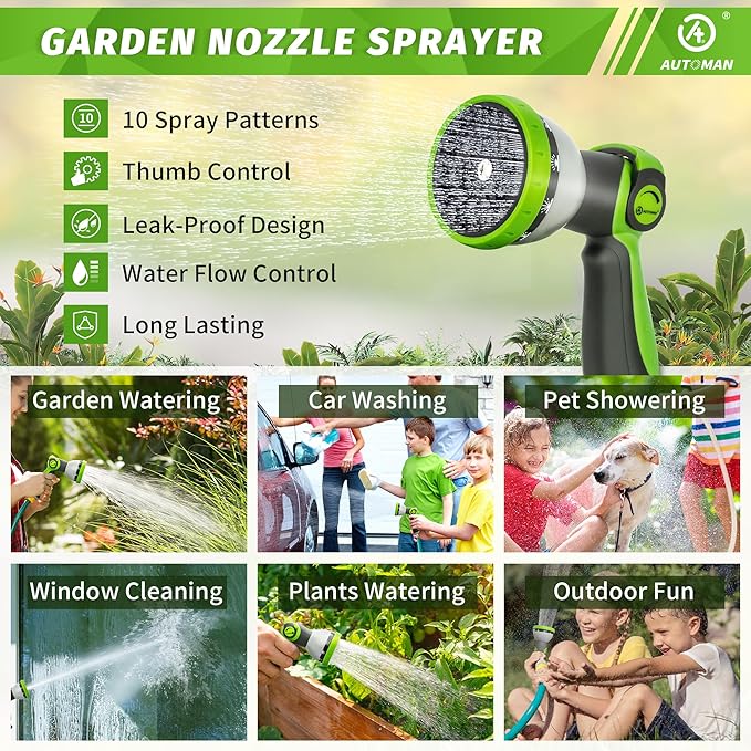 AUTOMAN Garden Hose Nozzle Sprayer - 10 Spray Patterns, Thumb Control On Off Valve, Durable Water Nozzle, Extra 4 Washers, for Watering Garden, Cleaning, Washing Car, Showering Pets Lawngreen