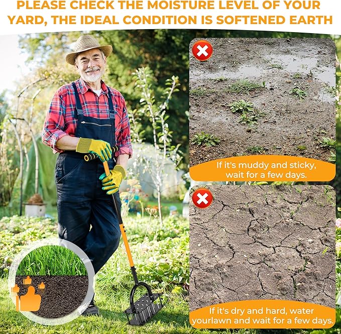 Lawn Aerator, Aerator Lawn Tool with 16 Spikes Spring Base and Gloves Pre-Assembled Manual Yard Aerator Tool Automatic Leaf and Dirt Cleaning for Yard Lawn Garden Aeration
