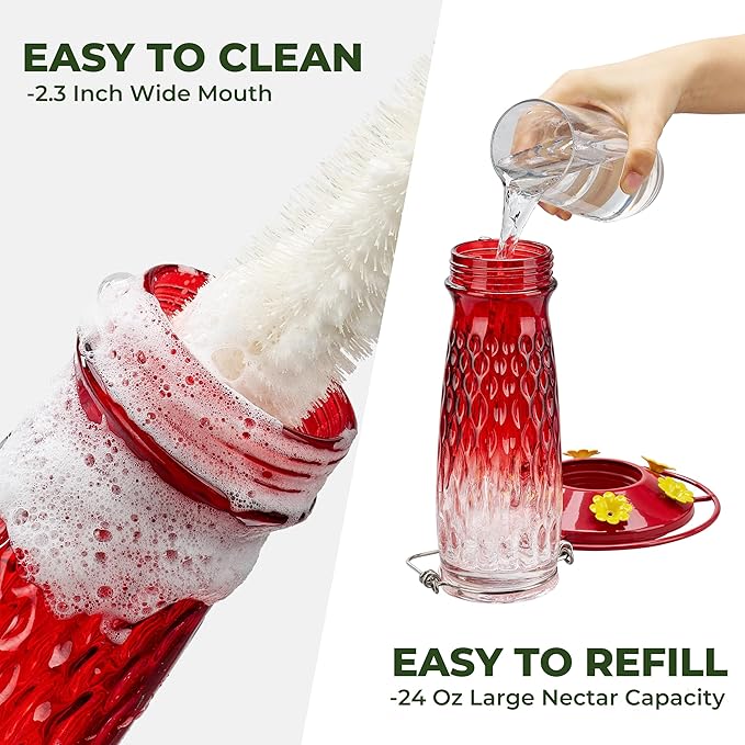 Kingsyard Hummingbird Feeders for Outdoors Hanging, 24 Ounce, Glass Hummingbird Feeder with Ant Moat & 6 Bee Guard Feeding Ports, Leak-Proof, Red Gradient