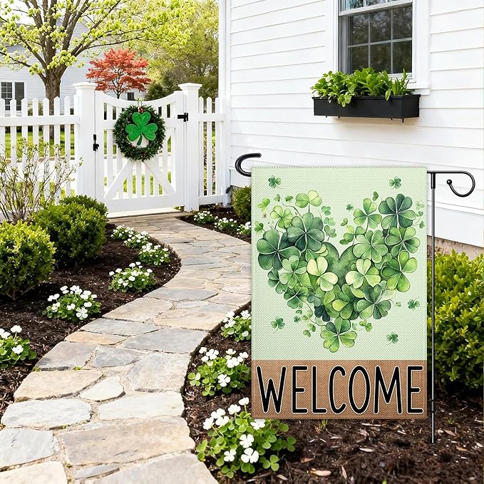St Patrick'S Day Garden Flags for Outside 12×18 Floral Welcome Garden Flags 3 Ply Shamrocks Flag for Outdoor Yard House Lawn Holiday Sign Decor