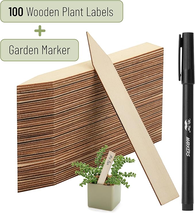 Mr. Pen - Wood Plant Labels with Marker, 100 Pcs, 6" Wooden Plant Markers