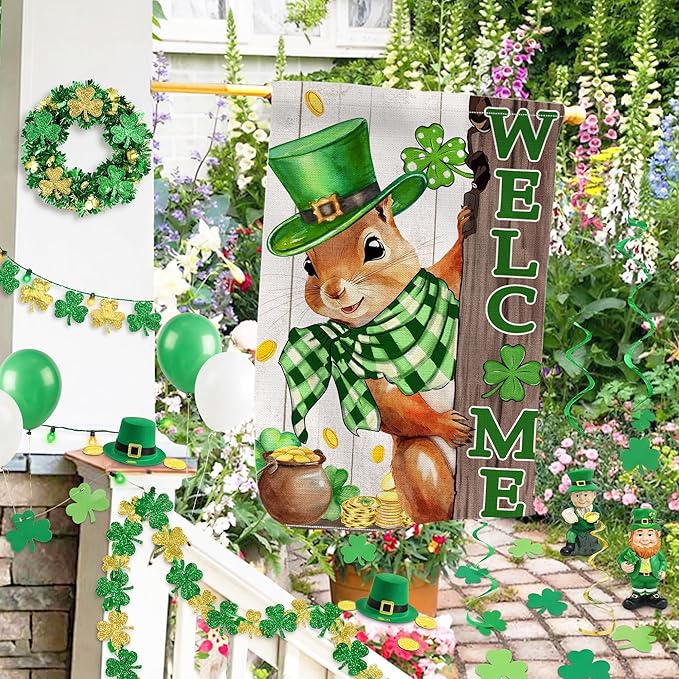 St Patricks Day Flag 28x40 Inch Double Sided Outside, The Squirrel Lucky Shamrock Burlap Flags Decorations, Green Hat with Clovers Gold Coin Pot Outdoor Decor