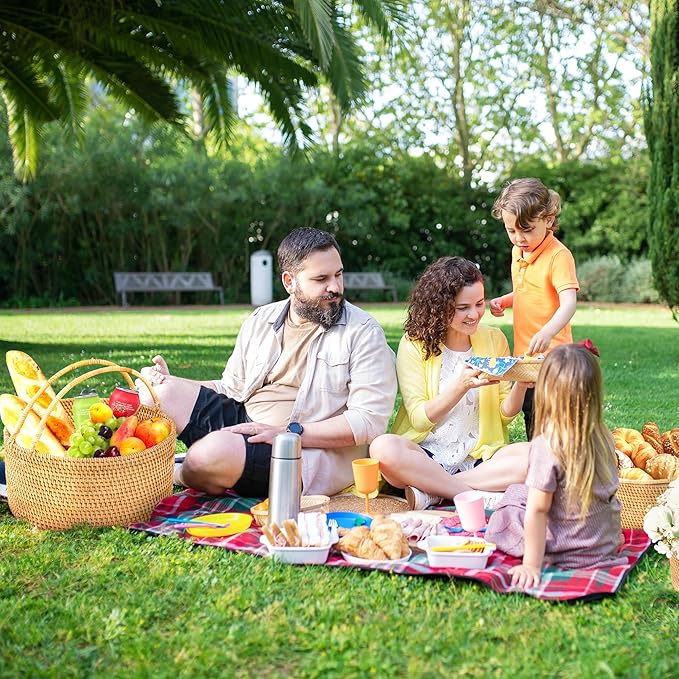 Handwoven Rattan Picnic Basket Sturdy Handles, Round Storage Organizer for Camping, Wedding, Home, Kitchen(13"×13"×5.1")