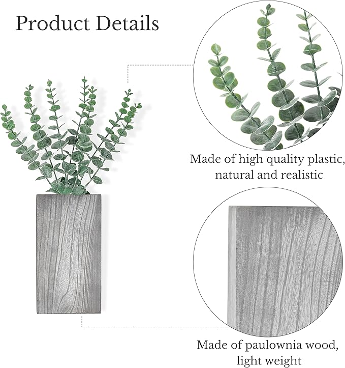 Dahey 2 Pack Wood Wall Planter Vase with Artificial Eucalyptus Farmhouse Wall Hanging Decor Pocket Planter for Indoor Fake Plants Greenery, Living Room Bedroom Kitchen Home Office Decoration, Grey