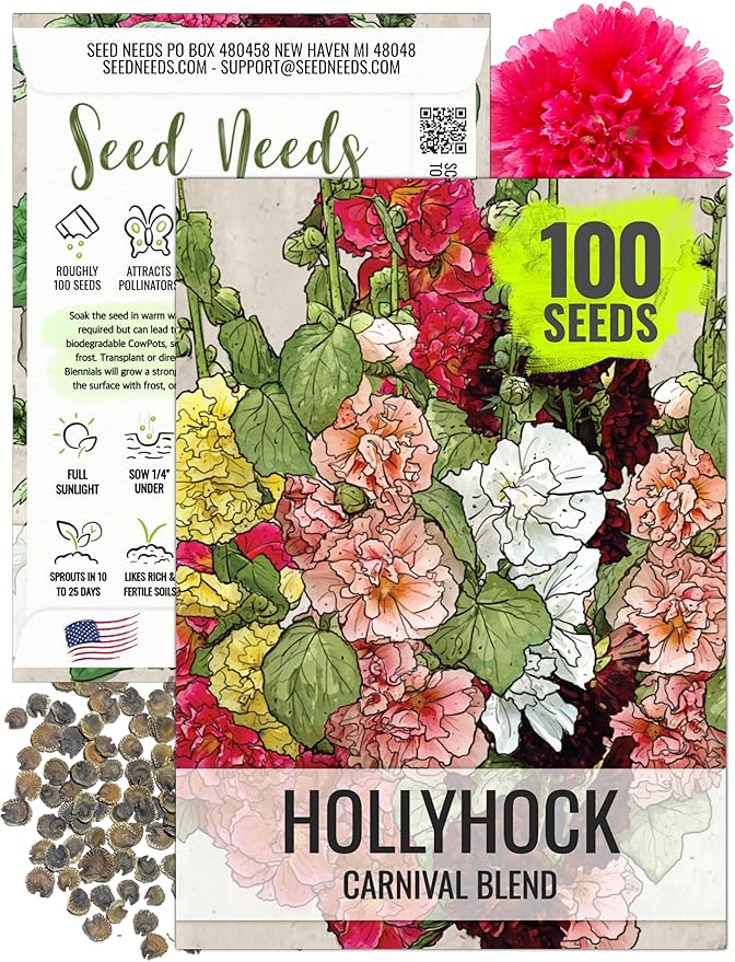 Seed Needs, Mixed Carnival Hollyhock Seeds - Heirloom Seeds for Planting Alcea rosea - Biennial Wildflower that Attracts Pollinators to the Garden (1 Pack)