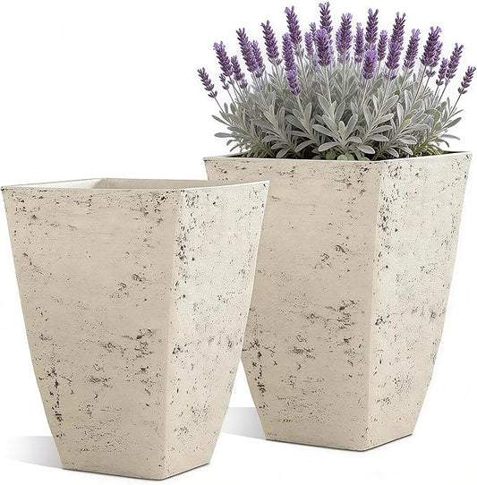 19" Plant Pots Tall Planters for Plants Outdoor Set of 2 Large Square Flower Pots Indoor Front Porch Decor Garden Pot with Drainage Hole Handmade Birch Bark Texture for Patio, Country White
