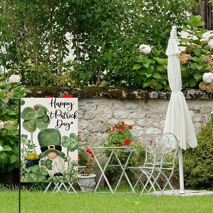 Happy St Patricks Day Garden Flags for Outside, Irish Gnome with Lucky Shamrocks Small Seasonal Decoration for Holiday Anniversary Yard Outdoor Decor 12x18 Inch Double Sided